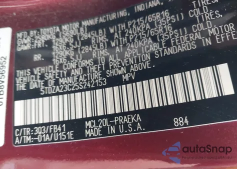 2005 Toyota Sienna Le из США, поврежденный, VIN 5TDZA23C25S242153